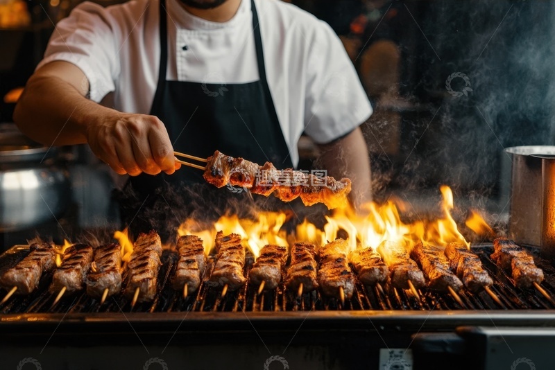 高清大图下载【趣麦麦图】厨师在烤架前烤肉串