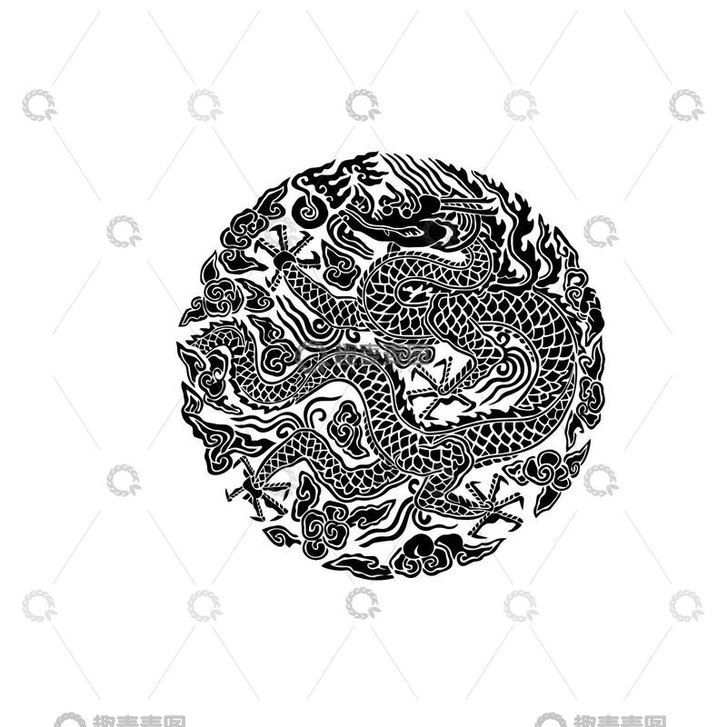 源文件下载【趣麦麦图】-传统中国龙图腾黑白图案