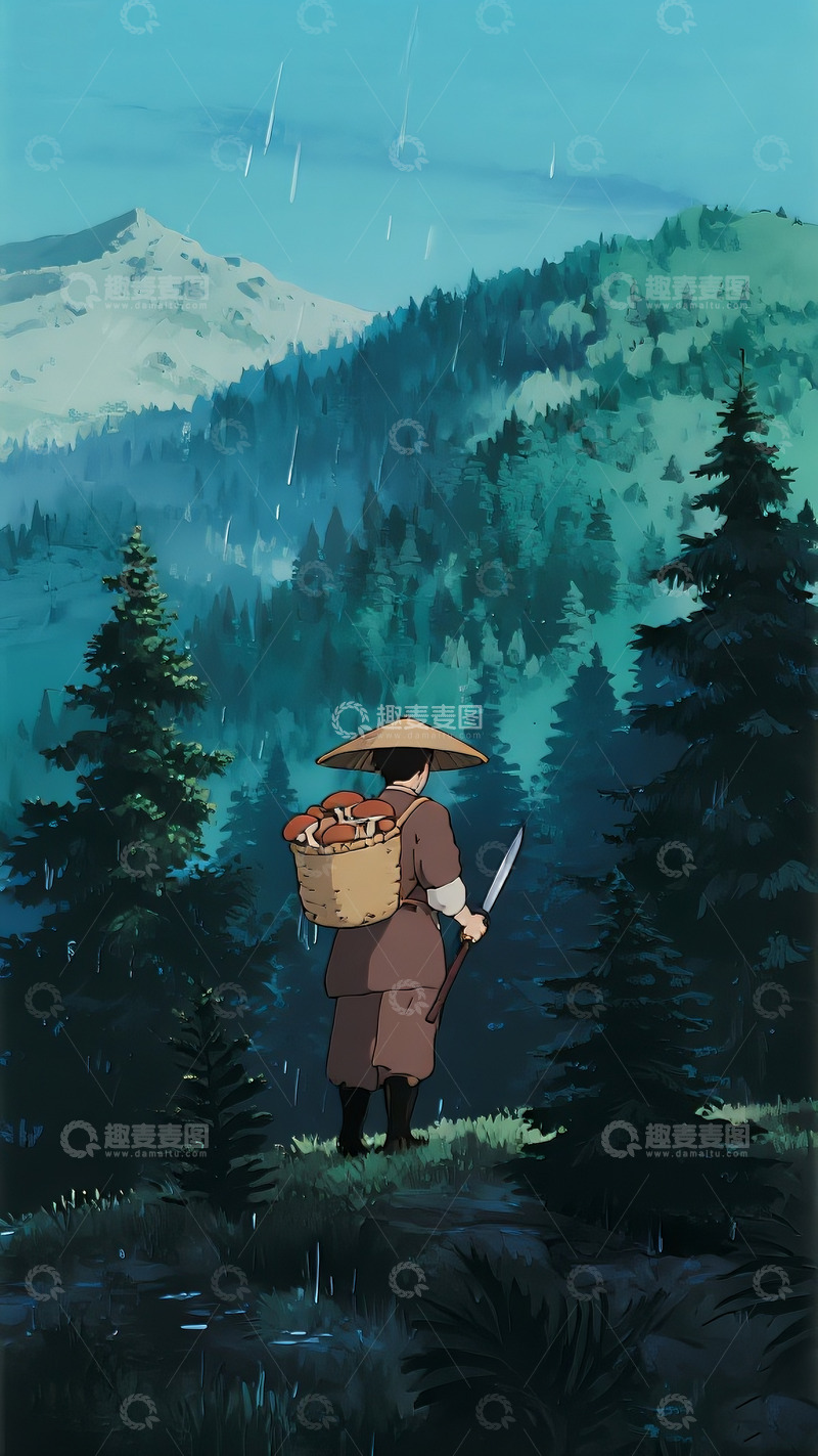高清大图下载【趣麦麦图】山林采菇 动漫幽境劳作图
