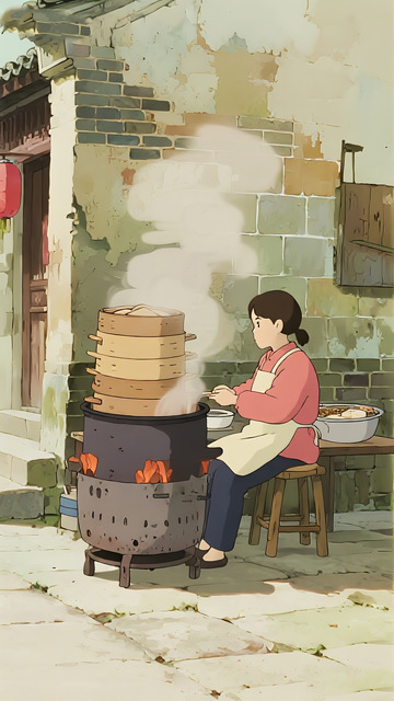 古镇炊食 动漫乡土日常图