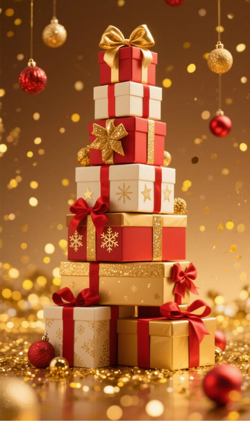 金色圣诞礼物堆叠场景