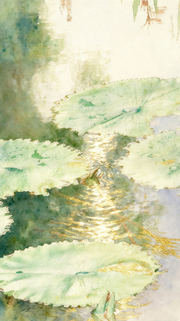 水彩莲叶池塘景观装饰画设计素材