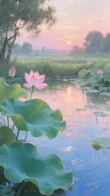 荷花池塘插画背景素材