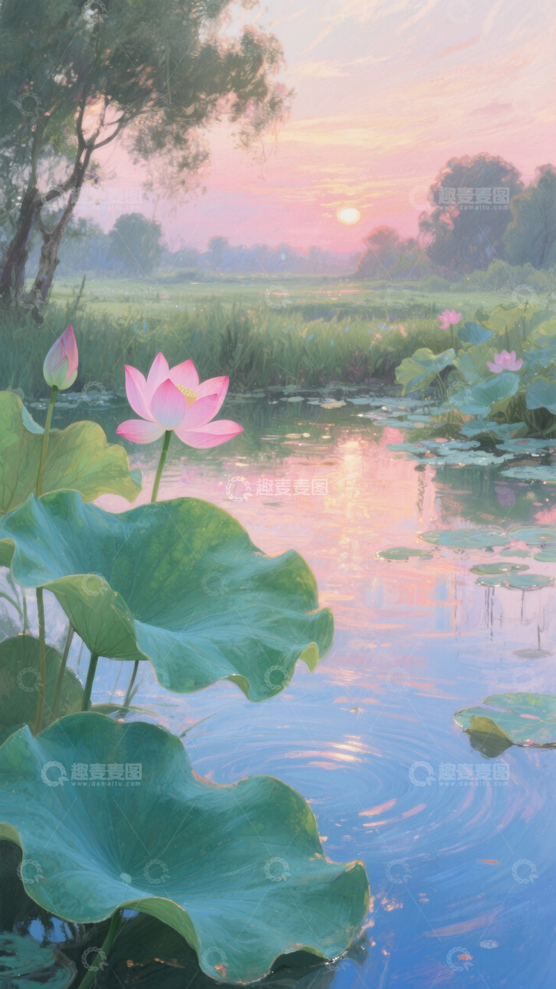 高清大图下载【趣麦麦图】荷花池塘插画背景素材