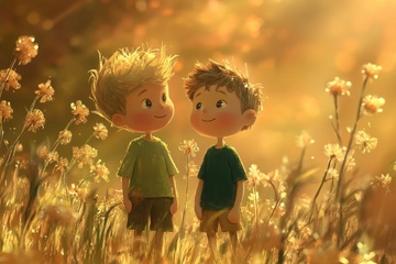 草丛中的两个可爱小男孩