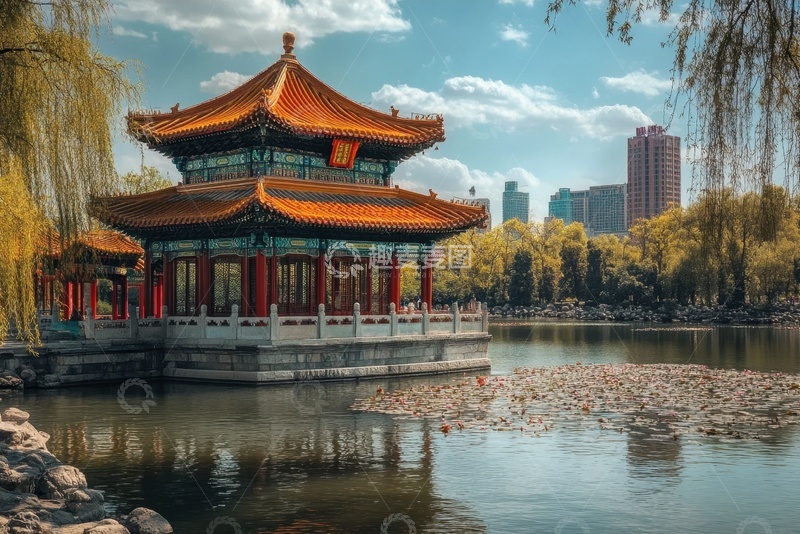 高清大图下载【趣麦麦图】湖泊上的一座凉亭角楼