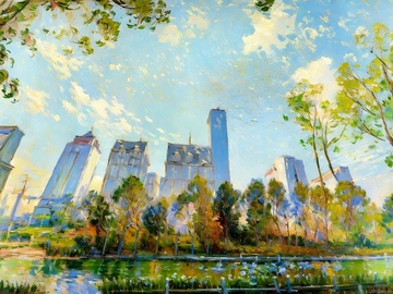 城市风光绘画现代建筑绿树