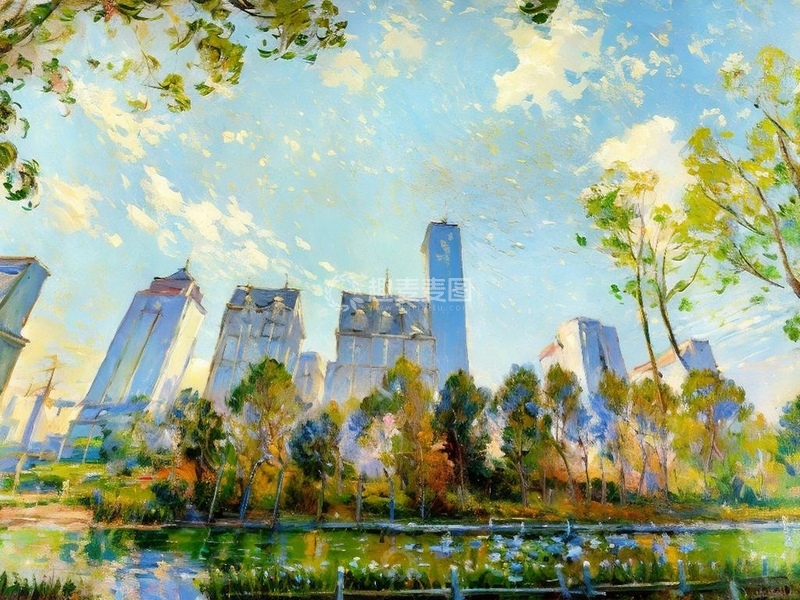 高清大图下载【趣麦麦图】城市风光绘画现代建筑绿树