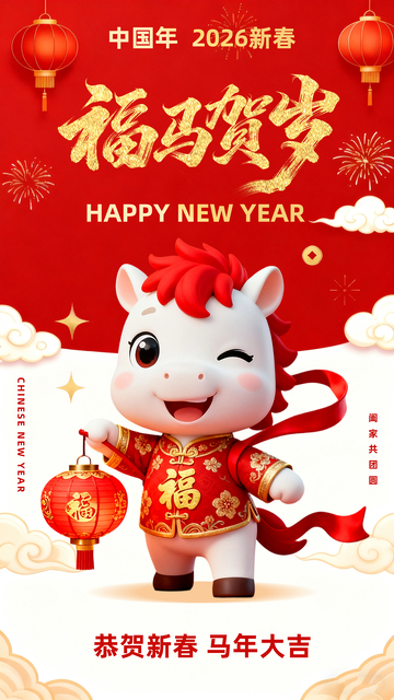 卡通马年海报新春海报红色喜庆春节贺岁