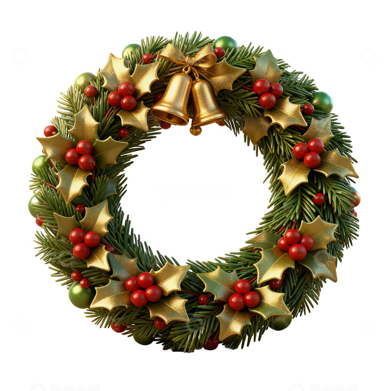 高清大图下载【趣麦麦图】绿色花环立体卡通可爱圣诞节素材