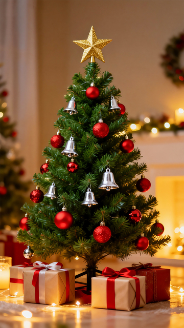 圣诞树红灯铛礼物场景壁纸