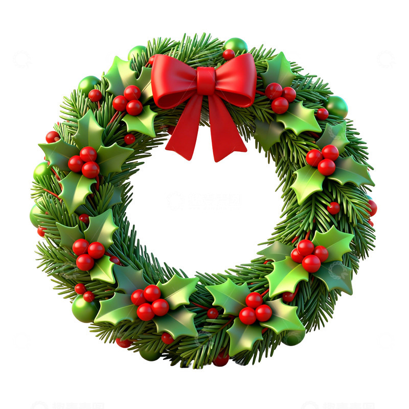 高清大图下载【趣麦麦图】绿色植物立体卡通花环圣诞节素材