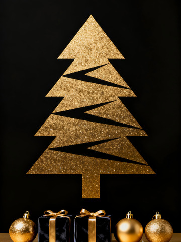 金色圣诞树礼品装饰黑背景