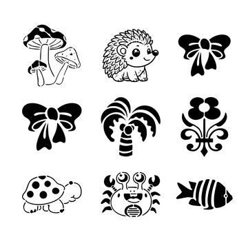 卡通黑白动物植物图案集