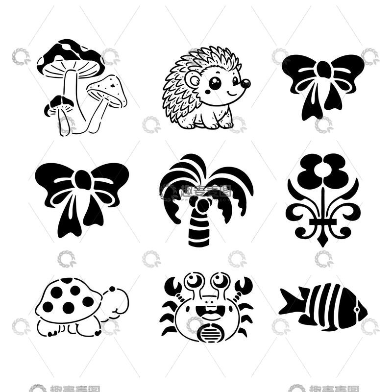 源文件下载【趣麦麦图】-卡通黑白动物植物图案集