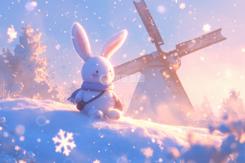 高清大图下载【趣麦麦图】一只白色的兔子坐在雪地上