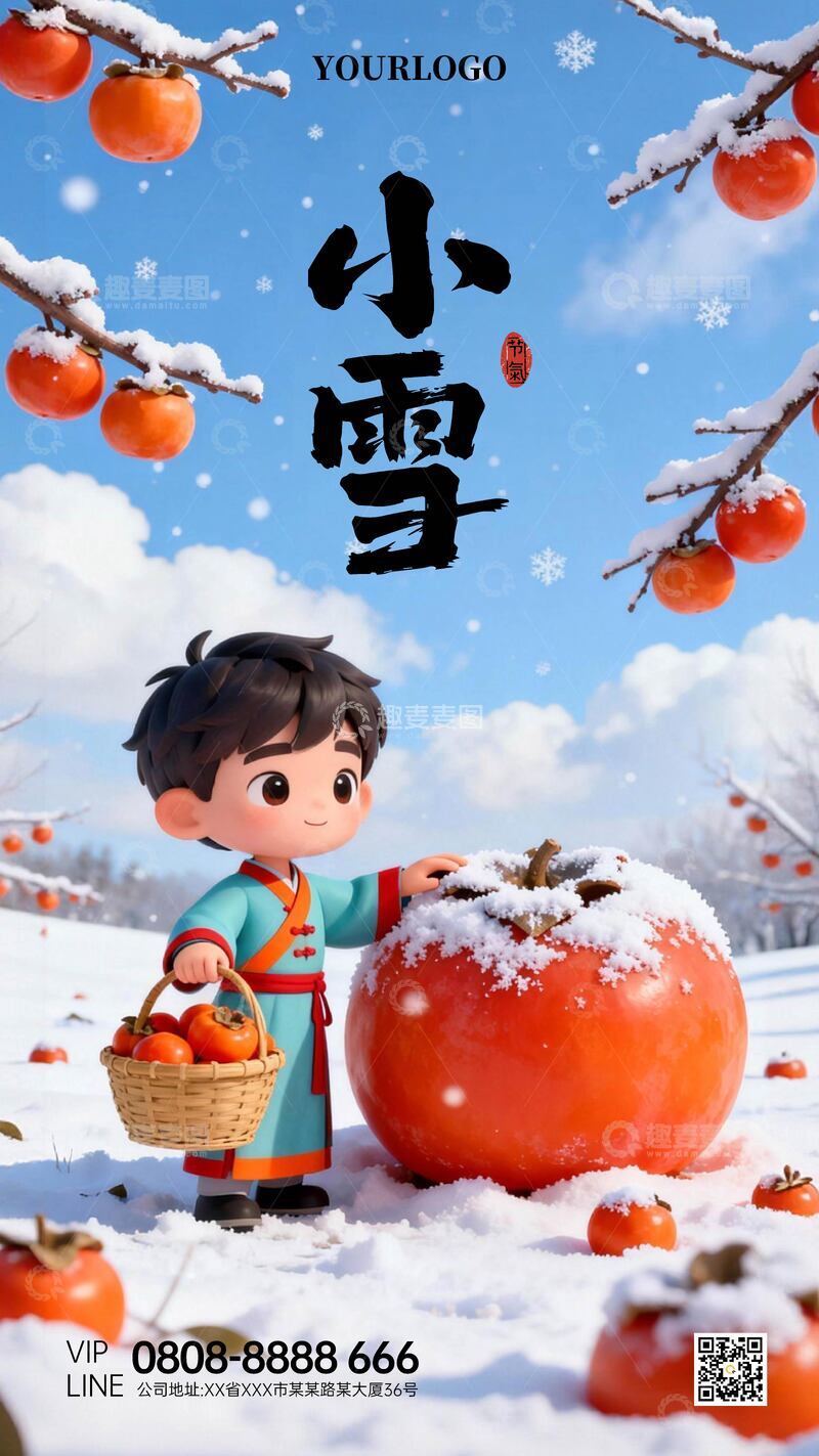 源文件下载【趣麦麦图】小雪节气柿子宣传海报设计