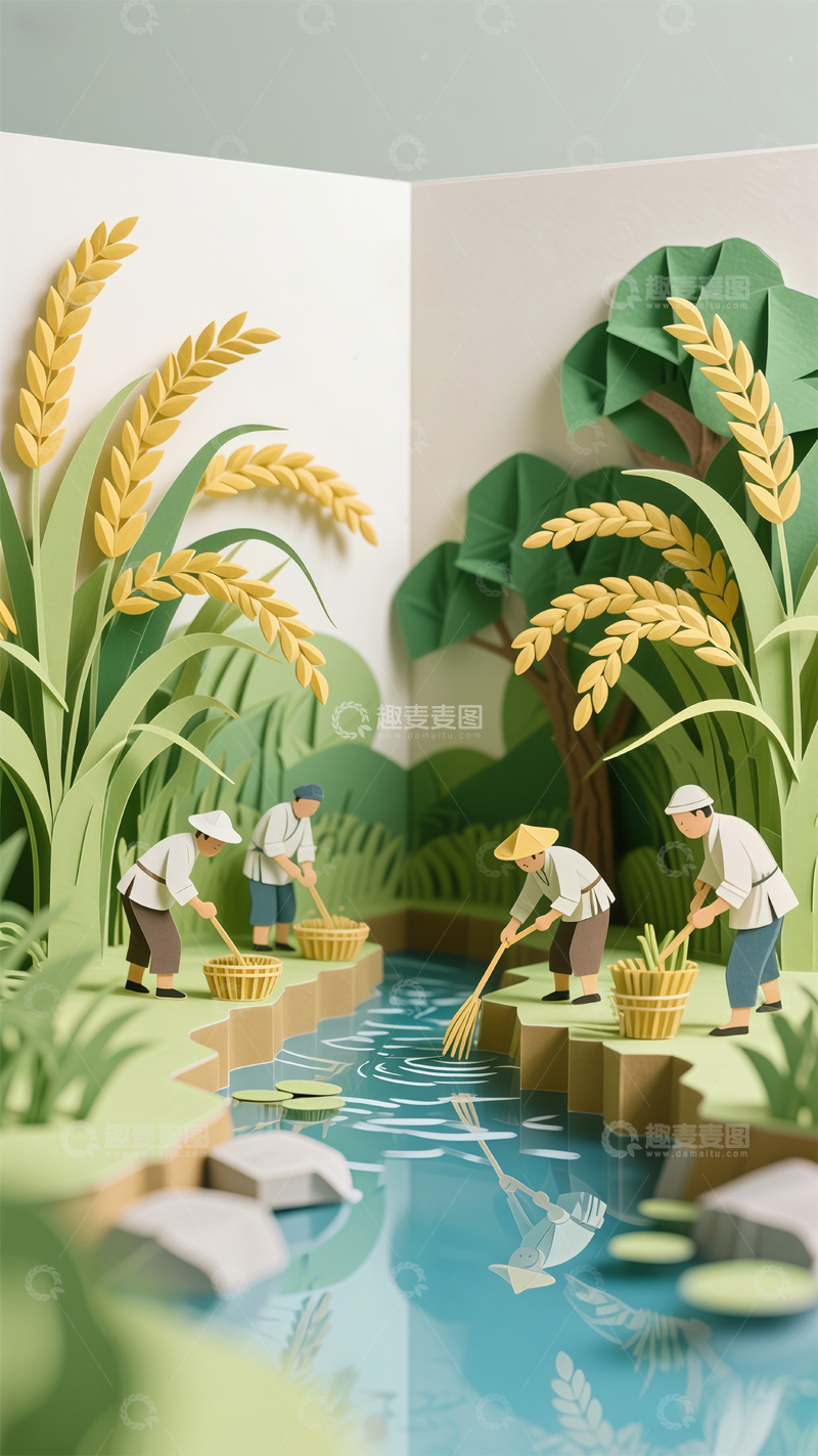 高清大图下载【趣麦麦图】田园风光农民劳作纸艺画