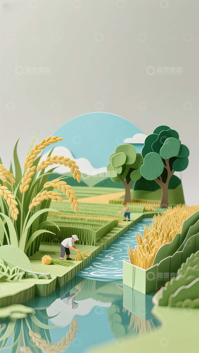 高清大图下载【趣麦麦图】剪纸风田园农耕艺术插画