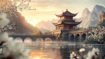 角楼桥梁湖泊建筑风景