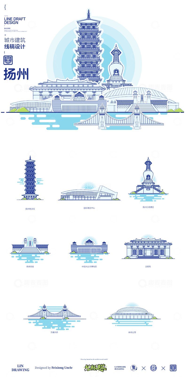 源文件下载【趣麦麦图】-江苏扬州城市地标矢量建筑线描海报