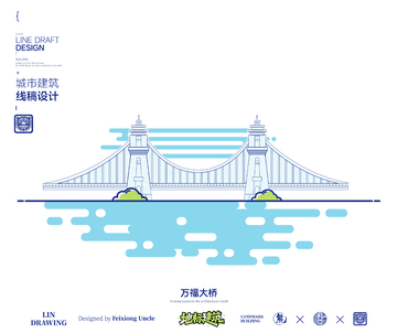 江苏扬州万福大桥城市地标矢量建筑线描海报