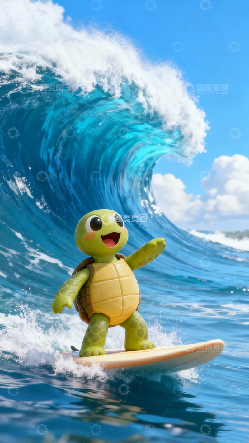 高清大图下载【趣麦麦图】卡通乌龟冲浪海洋创意插画