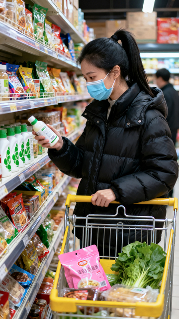 黑色羽绒服女士超市购物日常摄影