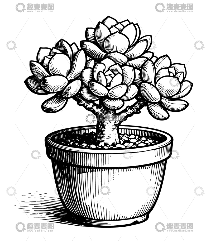 源文件下载【趣麦麦图】-黑白线条多肉植物盆栽插画