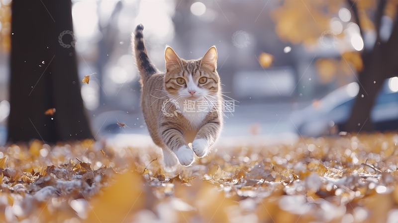 高清大图下载【趣麦麦图】秋日奔跑的橘猫