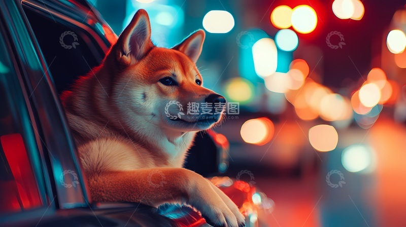 高清大图下载【趣麦麦图】城市夜景柴犬车窗欣赏