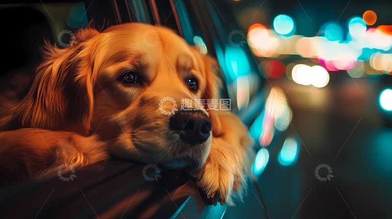 高清大图下载【趣麦麦图】城市夜景金毛犬探头