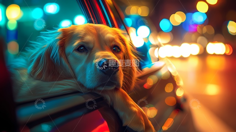 高清大图下载【趣麦麦图】城市夜景金毛犬车窗景观