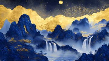 金蓝山水夜景国画