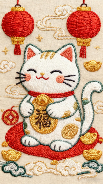浅色刺绣招财猫壁纸中国风传统