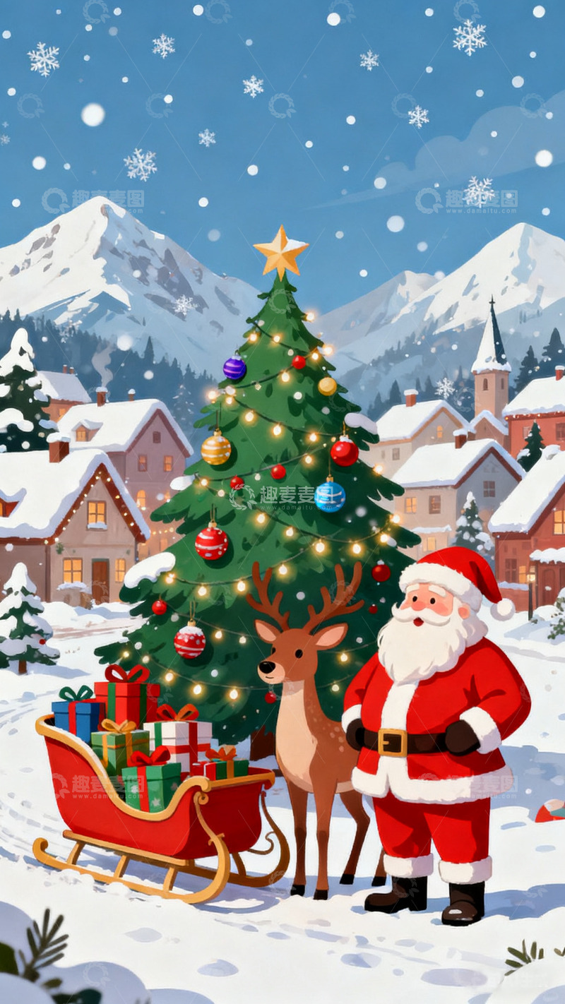 高清大图下载【趣麦麦图】圣诞节日素材雪地飘雪房子圣诞树
