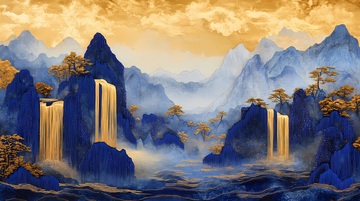 金蓝山水国画风光