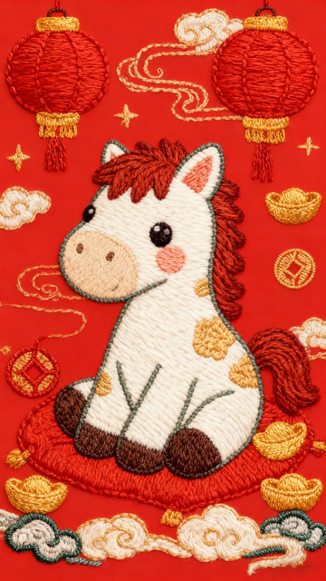 红色刺绣马年壁纸中国风传统