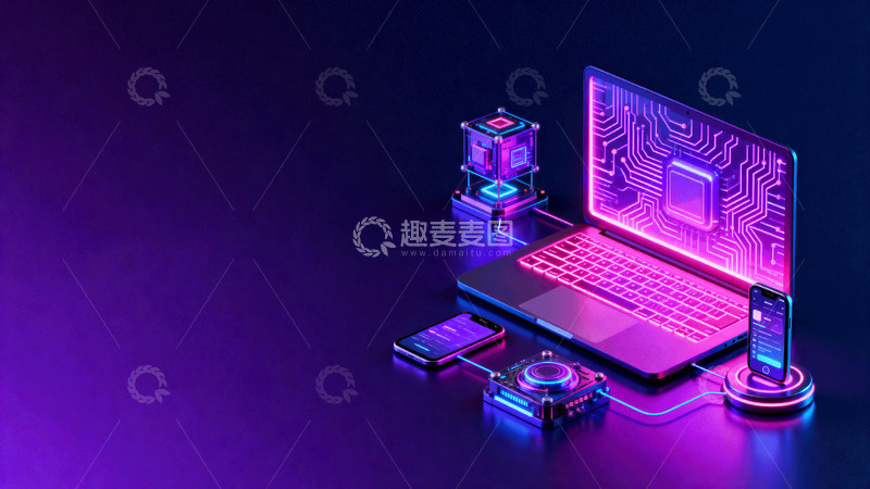 高清大图下载【趣麦麦图】霓虹科技风电子设备插画