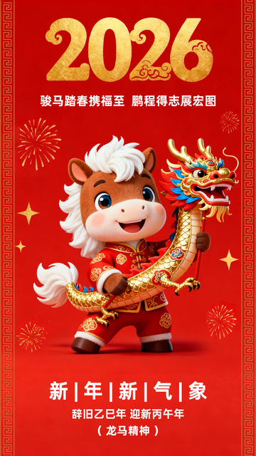 2026年马年卡通喜庆新春贺年海报
