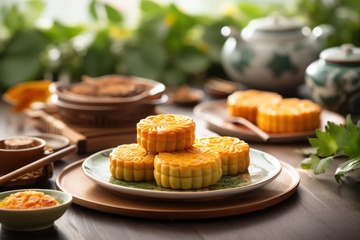 放在桌面上的一盘月饼