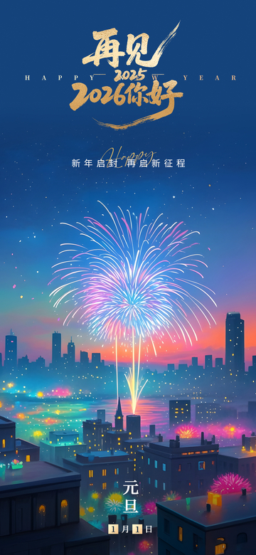 元旦跨年城市烟花插画海报