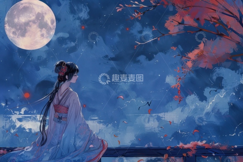 高清大图下载【趣麦麦图】坐在月下的古装美人