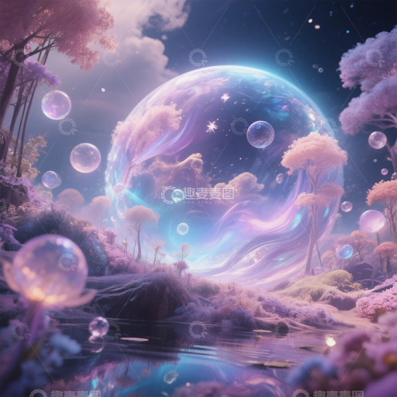 高清大图下载【趣麦麦图】梦幻星球森林水彩画