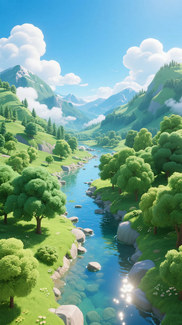 卡通风格山水风景插画