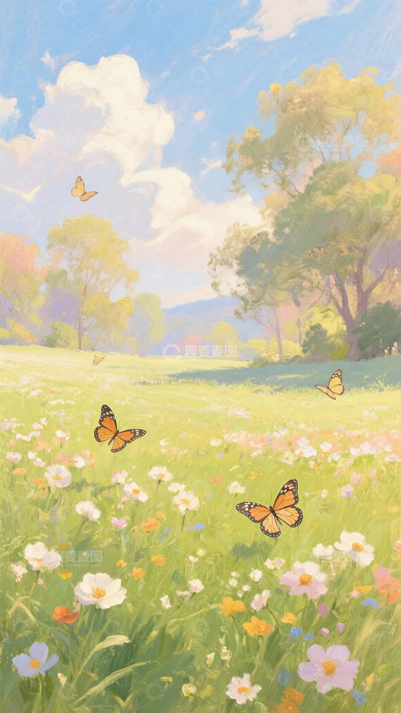 高清大图下载【趣麦麦图】田园风蝴蝶花草插画