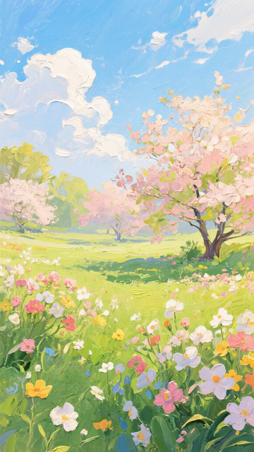 油画风春日花海风景画