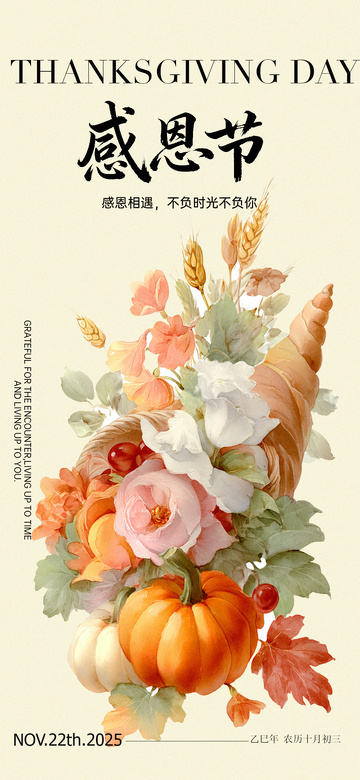 感恩节花卉南瓜插画海报设计素材