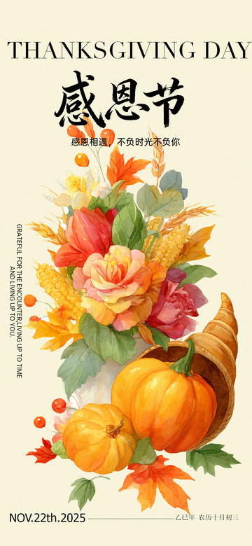 感恩节花卉南瓜手绘海报设计素材