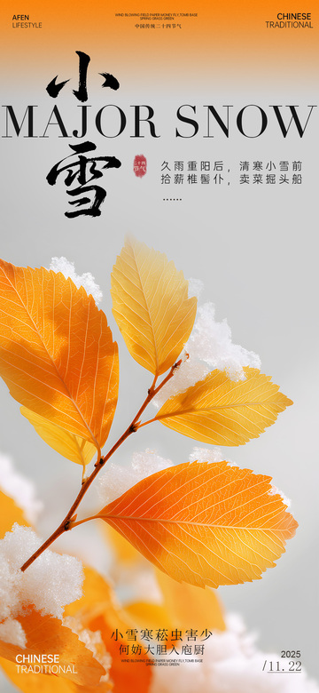 小雪节气传统树叶雪景海报